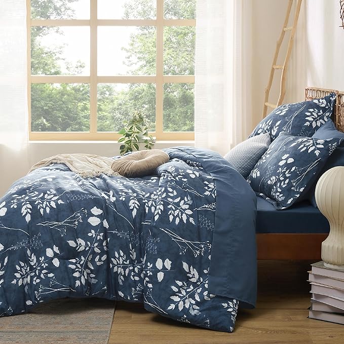 Bedsure Navy Oversized Queen Comforter Set - 7 Pieces Floral Bedding Sets Oversized Queen Bed in a Bag with Reversible Botanical Flowers Comforter, Sheets, Pillowcases & Shams