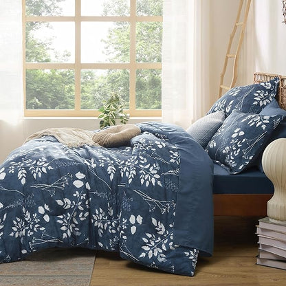 Bedsure Navy Oversized Queen Comforter Set - 7 Pieces Floral Bedding Sets Oversized Queen Bed in a Bag with Reversible Botanical Flowers Comforter, Sheets, Pillowcases & Shams