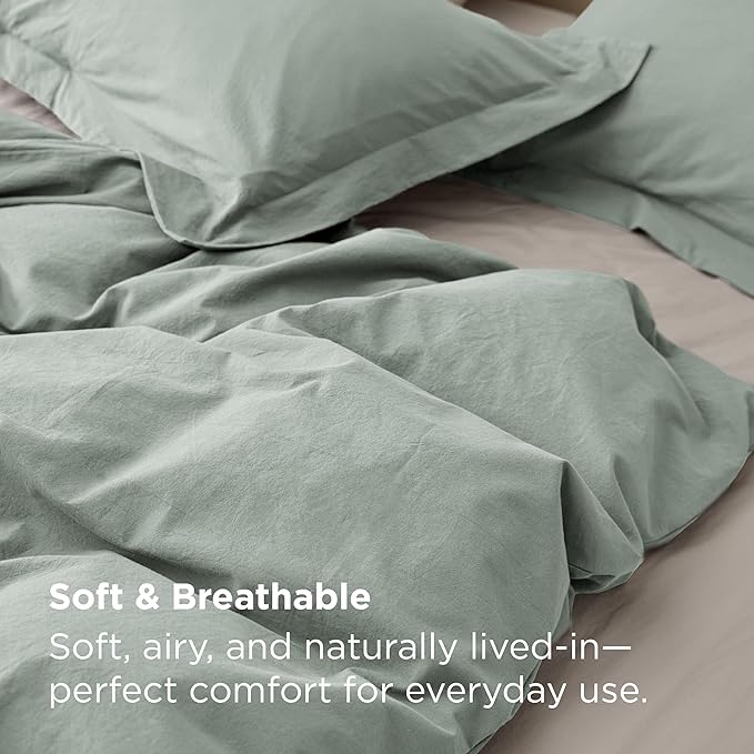 Bedsure 100% Washed Cotton Duvet Cover King Size - Sage Green Minimalist Bedding Set Linen Like - PureWoven Plain Simple & Soft Comforter Cover for All Seasons (Sage Green, King, 104"x90")