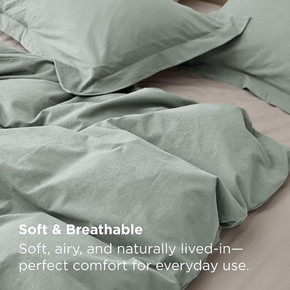 Bedsure 100% Washed Cotton Duvet Cover King Size - Sage Green Minimalist Bedding Set Linen Like - PureWoven Plain Simple & Soft Comforter Cover for All Seasons (Sage Green, King, 104"x90")
