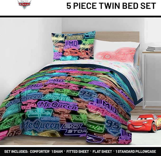 Jay Franco Kids Comforter Set Includes Sheets and Pillow Covers - Soft and Cozy Bed Set for Stylish Room Decor, Black - Cars, 5 Piece Twin Bedding