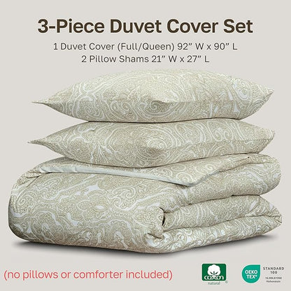 California Design Den Full/Queen Size Duvet Cover Set, 400 Thread Count 100% Cotton, Sateen Comforter Cover & 2 Pillow Shams Bedding Queen Size Set, Button Closure, Corner Ties (Paisley Beige)