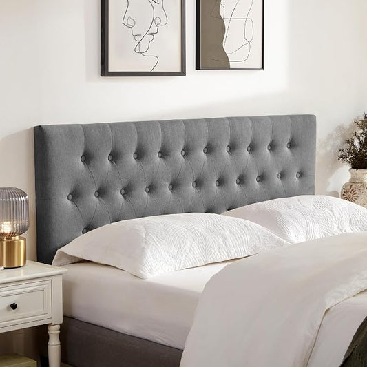 Tufted Upholstered Headboard King Size, Adjustable Height 37- 51 in, Gray | Sturdy and Durable Solid Wood Bed Headboard, Fabric King Headboard Only, Modern Button Diamond Design Head Board