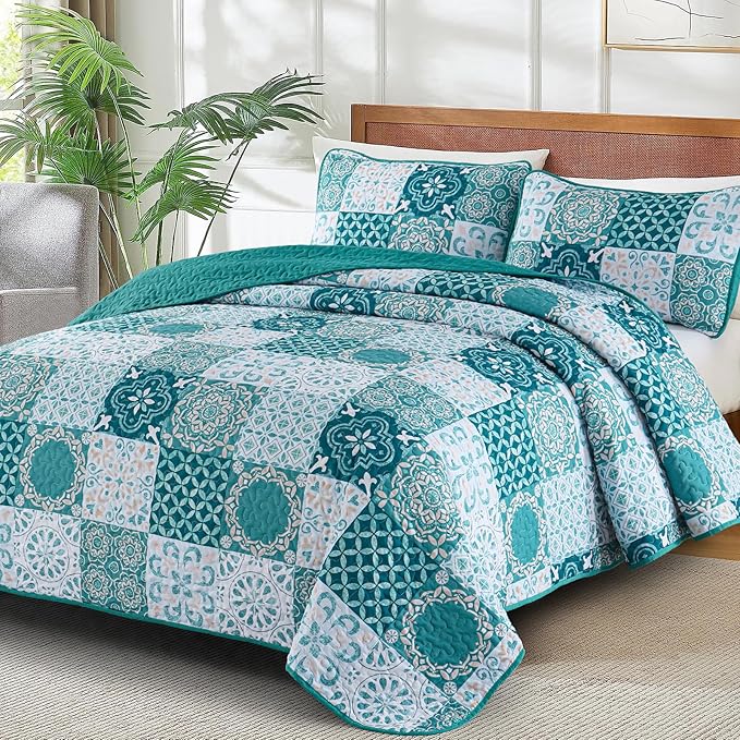 Dobuyly Teal Quilt Set Queen Size, Boho Turquoise Plaid Patchwork Bedspreads Coverlet Set, 3 Pieces Soft Lightweight Microfiber Bohemian Quilt Bedding Set for All Seasons 96"x90"