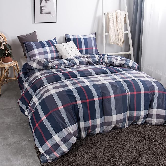 CLOTHKNOW Blue Plaid California King Comforter Set Buffalo Tartan Bedding Sets Soft Blue White Grey Grid Comforter with 2 x Pillow Cases