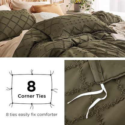 Bedsure Boho Duvet Cover Queen Size - Olive Green Breathable & Soft Boho Bedding, Machine Washable Comforter Cover for All Seasons, Includes 1 Duvet Cover 90"x90" with 2 Pillow Shams & Zipper Closure