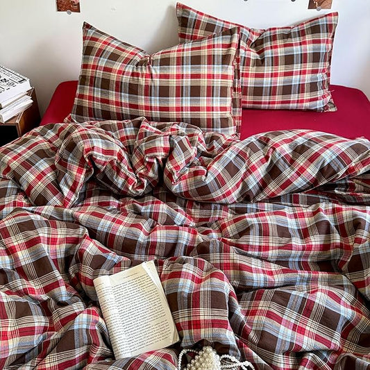 EAVD Vintage Red Brown Buffalo Plaid Duvet Cover Twin 100% Wasehd Cotton Plaid Bedding Set with Grid Checkered Pattern Farmhouse Gingham Duvet Cover with Zipper Closure 2 Pillowcases for All-Season