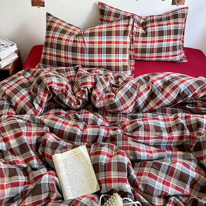 EAVD Vintage Style Red&Brown Buffalo Plaid Comforter Set King Soft 100% Washed Cotton Chic Grid Checkered Ginham Bedding Set with 2 Pillowcases Farmhouse Geometric Comforter Set for All-Season