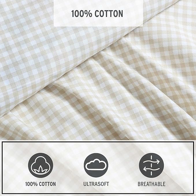 Eddie Bauer - Sheet Set, Cotton Percale Bedding with Matching Pillowcase, Crisp & Breathable, 200-Thread Count, Classic Comfort Essentials (Little Gingham Beige, Full)