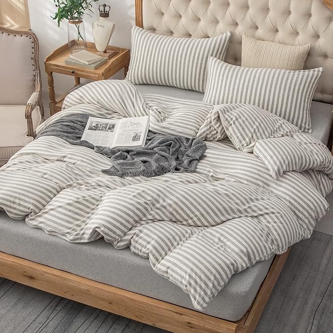 PURE ERA Jersey Knit Duvet Cover Set 100% T-Shirt Heather Cotton Super Soft Comfy Classic Striped Design, with Zipper Closure, Grey & White Stripe, Queen