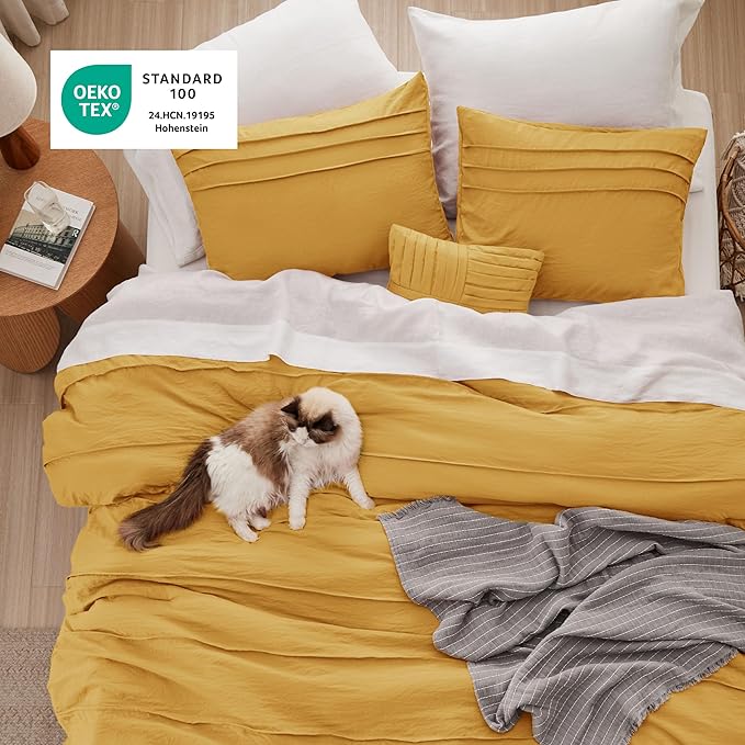 Bedsure King Comforter Set - 4 Pieces Pinch Pleat Bed Set, Mustard Yellow Boho Bedding for All Season, 1 Soft Comforter, 2 Pillowcases, 1 Decorative Pillow