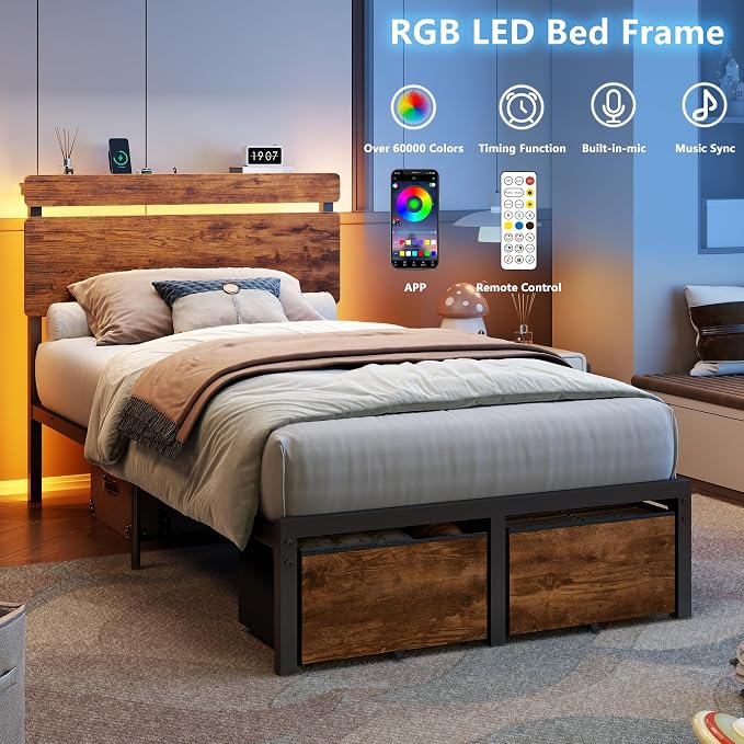 Forestell Twin Bed Frame with Wood Headboard,2 Storage Drawers & Shelf | Built-in Charging Station & LED Lights, Metal Support, No Box Spring Needed, noise-free, easy assembly, Smart RGB, USB+Type-C
