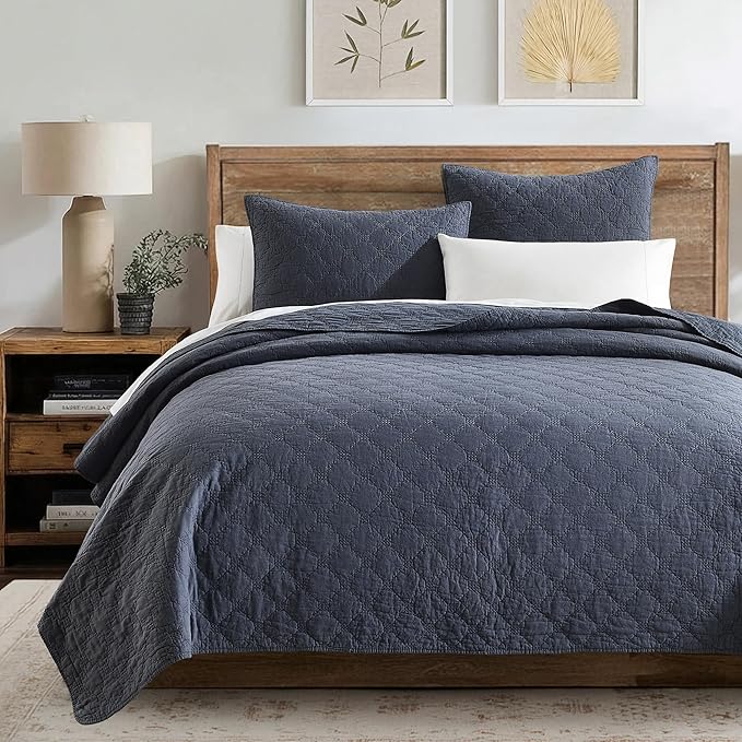 HORIMOTE HOME 55% Linen Front/100% Cotton Back Quilt Set Queen Size, Steel Blue Pre-Washed Cotton Linen Quilt Set, Geometric Stitched Pattern Bedspread Coverlet Bedding Set 3-Piece for All Seasons