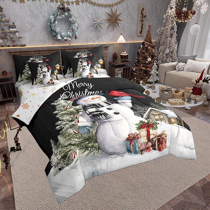 Castle Fairy Xmas Snowman Reversible 7 Pieces Comforter Set,Funny Christmas Trees Bed Sheet Set for Kids Teens Boys,Exotic Bird Winter Cabin Decor Bedding Set with Comforter,Fitted & Flat Sheet,King