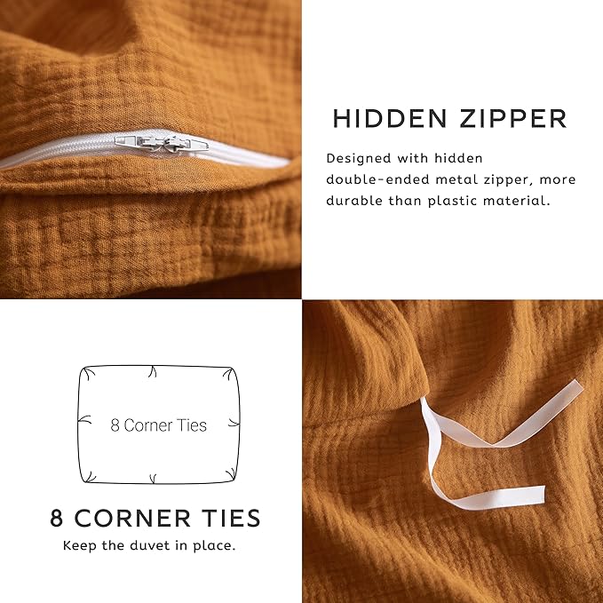 SE SOFTEXLY Muslin Duvet Cover Queen Size, 100% Washed Cotton Duvet Cover Set, Ultra Soft Comforter Cover Linen Like, 3 Pieces Minimalist Gauze Duvet Cover with 2 Pillowcases, 90"x90", Pumpkin