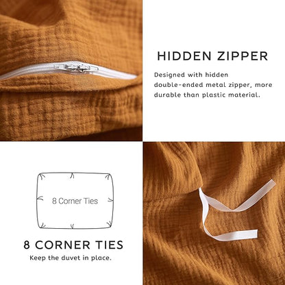 SE SOFTEXLY Muslin Duvet Cover King Size, 100% Washed Cotton Duvet Cover Set, Ultra Soft Comforter Cover Linen Like, 3 Pieces Minimalist Gauze Duvet Cover with 2 Pillowcases, 90"x104", Pumpkin