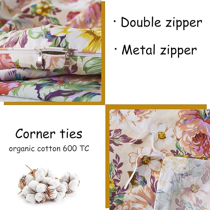 FADFAY Garden Floral Bedding Set Queen 100% Cotton 600 TC Shabby Vintage Duvet Cover Salmon Pink Large Flower Cottagecore Bedding Romantic Peony Zipper Corner Ties 3 Pcs- No Filling