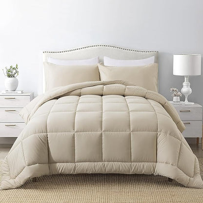 DOWNCOOL Twin Comforter Set -All Season Bedding Comforters Sets with 1 Pillow Case -2 Pieces Bed Set Down Alternative Comforter Set -Beige Twin Bedding Sets(64"x88")