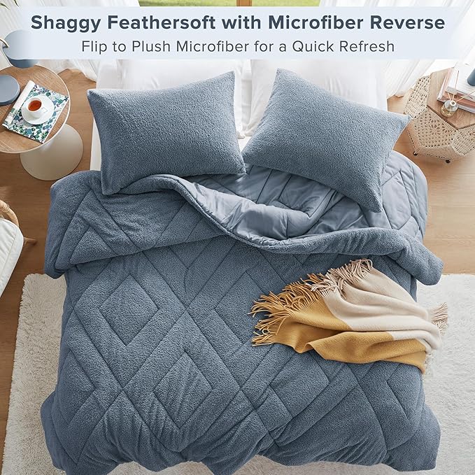 Comfort Spaces King Comforter Set Reversible Feather-Soft Plush Comforters for King Size Bed All Season Lightweight Shearling Fleece Sherpa Comforter King Size Bed Set, King/Cal King, Blue 3 Piece