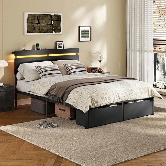 Forestell Full Size Bed Frame with Wood Headboard,2 Storage Drawers & Shelf | Built-in Charging Station & LED Lights, Metal Support, No Box Spring Needed, noise-free, easy assembly, Smart RGB, USB+Type-C