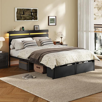 Forestell Full Size Bed Frame with Wood Headboard,2 Storage Drawers & Shelf | Built-in Charging Station & LED Lights, Metal Support, No Box Spring Needed, noise-free, easy assembly, Smart RGB, USB+Type-C