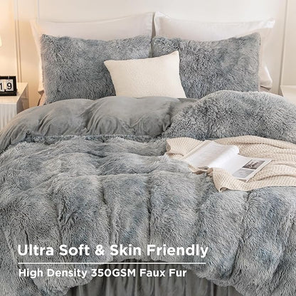 Andency Faux Fur Tie-Dyed Grey White Comforter for Queen Size Bed, 3 Pieces Fluffy Fuzzy Plush Bedding Comforter Set (1 Shaggy Velvet Comforter & 2 Pillowcases), Soft Puffy Bedding Set