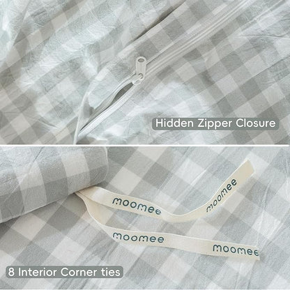MooMee Gingham Duvet Cover Set 100% Washed Cotton Linen Like Textured Breathable Durable Soft Comfy Modern Checkered Design (Northern Droplet Grey Gingham, Palatial King/Oversized King 120"x98")