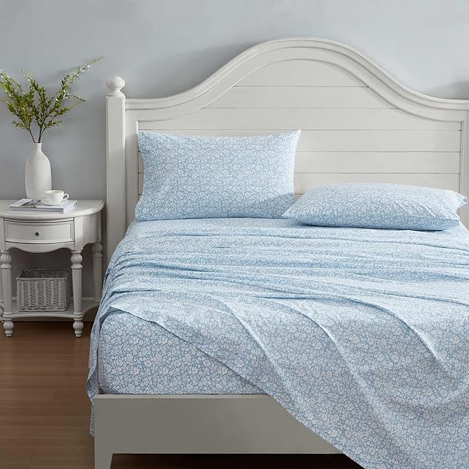 Laura Ashley - Queen Sheets, Cotton Percale Bedding Set, Lightweight & Breathable Home Decor (Heirloom Ditzy Blue, Queen)