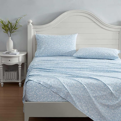 Laura Ashley - Twin Sheets, Cotton Percale Bedding Set, Lightweight & Breathable Home Decor (Heirloom Ditzy Blue, Twin)