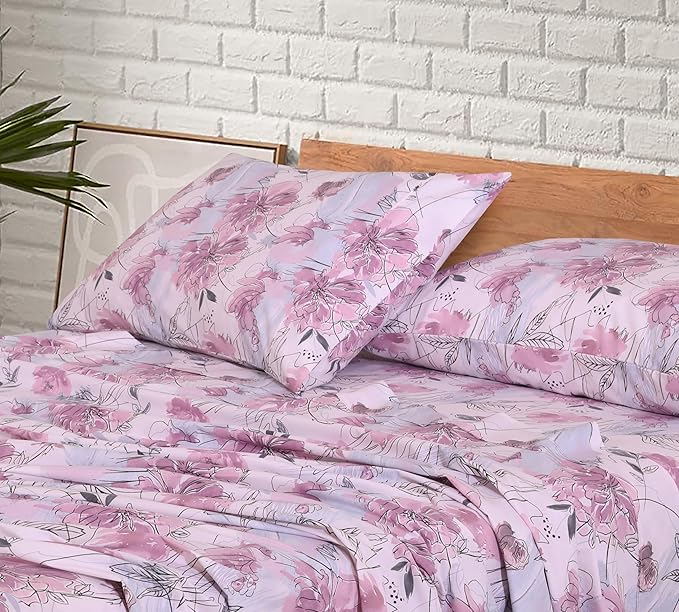RUVANTI 100% Cotton Sheets – Split King Size Percale Bedding, Cooling & Breathable Floral Design, Durable with a Crisp, Soft & Comfortable Feel, 16" Deep Pocket, 5-Piece Set, Lilac Floral