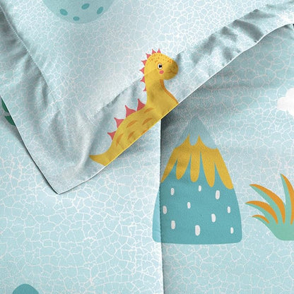 Dream Factory Kids 7-Piece Complete Bed Set Easy-Wash Super Soft Microfiber Comforter Bedding, Full, Blue Sweet Dino