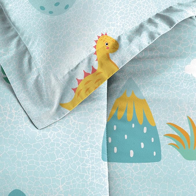 Dream Factory Kids 5-Piece Complete Bed Set Easy-Wash Super Soft Microfiber Comforter Bedding, Twin, Blue Sweet Dino