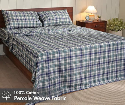 RUVANTI 100% Cotton Sheets – Queen Size Percale Bedding, Cooling & Breathable Floral Design, Durable with a Crisp, Soft & Comfortable Feel, 16" Deep Pocket, 4-Piece Set, Greenish Blue Plaid