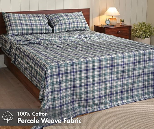 RUVANTI 100% Cotton Sheets – Twin Size Percale Bedding, Cooling & Breathable Floral Design, Durable with a Crisp, Soft & Comfortable Feel, 16" Deep Pocket, 3-Piece Set, Greenish Blue Plaid