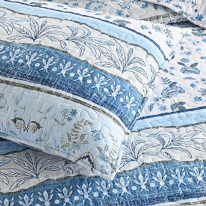 HORIMOTE HOME Boho Quilt Twin Size Blue Bohemian Floral Quilt Bedding Set, Soft Lightweight Twin Comforter for All Season, Farmhouse Bedspread Coverlet with 1 Pillow Sham, 68 x 86 inches