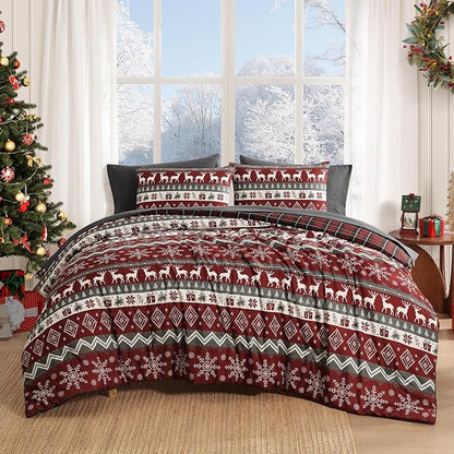 MaiRêve Christmas Queen Comforter Set, Red Reindeer Snowflake Bed Set for Holiday, Reversible Plaid Checkered Comforter Bed in a Bag, Soft Bedding Set 7 Pieces with Sheets, Pillowcases & Shams