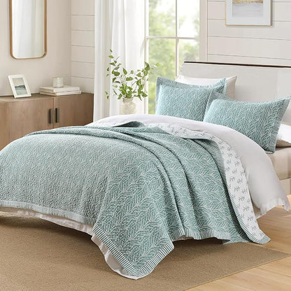 SahSahCasa Quilt Set Queen Size, 100% Cotton Quilt Bedding Set Bedspread, Botanical Pattern Solid Color Chic Lightweight Quilted Comforter for Queen Bed, White/Teal, All Season, 3PCs