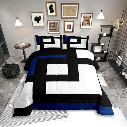 Erosebridal Blue Black and White Striped Twin Bedding Sets for Adult Women Men Square Abstract Comforter Set Modern Geometric Stripes Bold Lines Quilt Set Minimalist Plaids Bed Collections