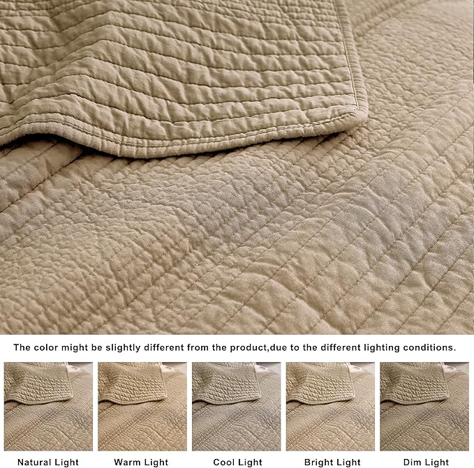 palassio Striped Dark Beige 100% Cotton Quilt King Size Bedding Sets, Lightweight Crinkly Channel Pick Stitch Textured Bedspread Soft Shabby Chic Farmhouse Country Coverlet for All Season, 2 Shams