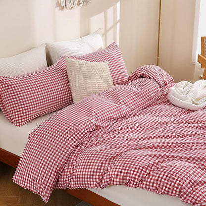 TOCOMOA Red Gingham Duvet Cover Bedding Set 100% Washed Cotton Like Linen Feel Super Soft Comfortable 3 Piece Cute Plaid Checkered Comforter Cover Set (Queen 90"x90", Comforter Not Included)