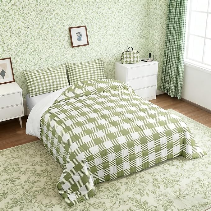 Manfei Green Plaid Comforter Set Buffalo Check Plaid Bedding Set Classic Gingham Pattern Bedding Home Decor Light Green White Scottish Comforter Queen Size Quilted Duvet Set with 2 Pillowcase