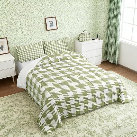 Manfei Green Plaid Comforter Set Buffalo Check Plaid Bedding Set Classic Gingham Pattern Bedding Home Decor Light Green White Scottish Comforter Queen Size Quilted Duvet Set with 2 Pillowcase