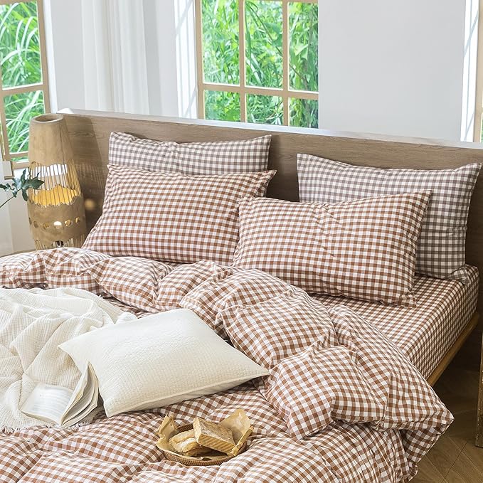MooMee Bedding Pillowcases Gingham Pack of 2 100% Washed Cotton Linen Like Textured Breathable Durable Soft Comfy (Classic Gingham Dark Orange, Queen)
