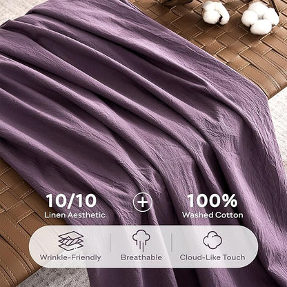 JELLYMONI 100% Washed Cotton Duvet Cover Queen – Soft, Breathable Linen-Look Bedding with Natural Wrinkle Texture, Button Closure, 3-Piece Set (Iris Purple, 90"x90")