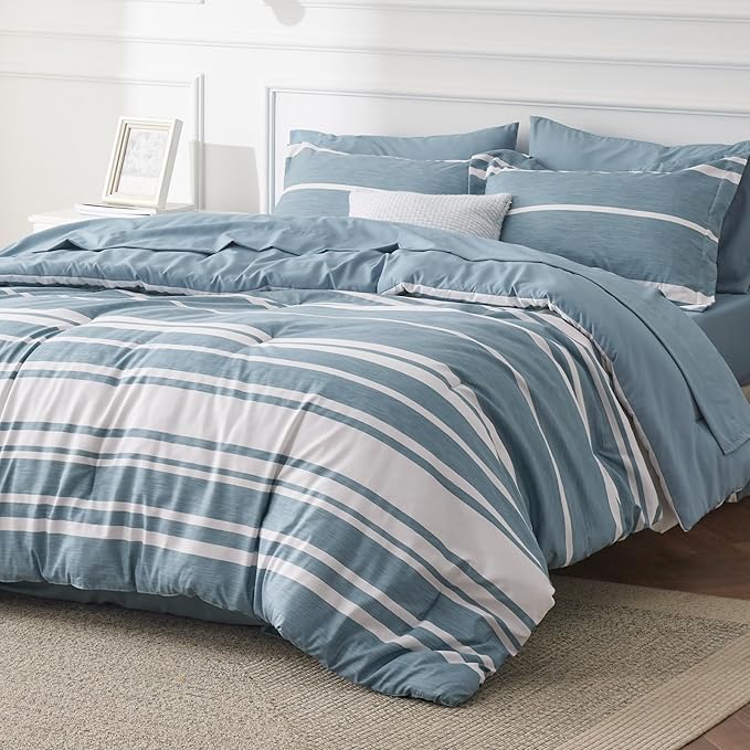 Bedsure Queen Comforter Set 7 Pieces, Grey Blue Striped Bedding Set for All Seasons, Reversible, Cationic Dyeing Bed in a Bag with Comforter, Sheets, Pillowcases & Shams