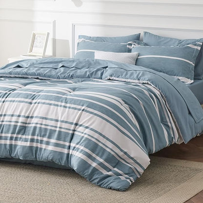 Bedsure Queen Comforter Set 7 Pieces, Grey Blue Striped Bedding Set for All Seasons, Reversible, Cationic Dyeing Bed in a Bag with Comforter, Sheets, Pillowcases & Shams