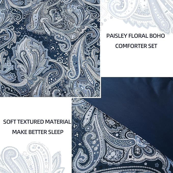 DJY Navy Paisley Comforter Set Queen Size 7 Piece Bed in a Bag Boho Paisley Pattern Comforter Set Soft Lightweight Microfiber Blue Reversible Bedding Set for All Season (90''x90'')