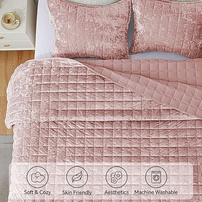 BEDELITE Velvet Quilt Set King Size - Luxury Velvet Comforter Bedding Set 3 Pieces, Soft Cozy Shiny Dusty Pink Oversized Bedspread Coverlet for All Seasons with 2 Pillow Shams