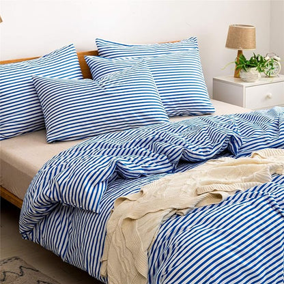 JELLYMONI 100% Natural Cotton 3pcs Striped Duvet Cover Sets,White Duvet Cover with Blue Stripes Pattern Printed Comforter Cover,with Zipper Closure & Corner Ties(Full Size)