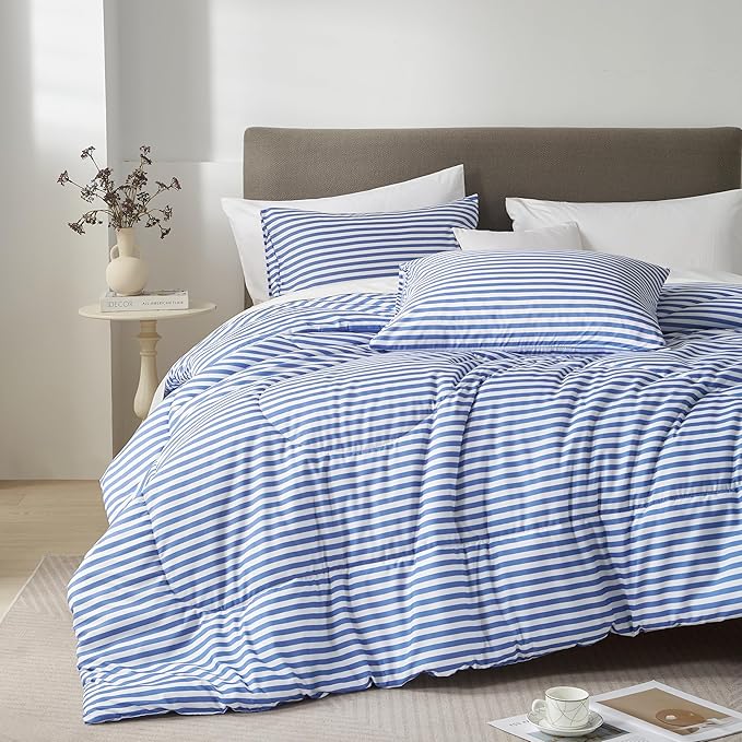 mixinni Striped Comforter Set Full Size - Blue Stripes Pattern Bed Set for All Season, 3 Pieces Lightweight Bedding Comforter Sets for All Seasons (1 Soft Fluffy Comforter + 2 Pillowcases)